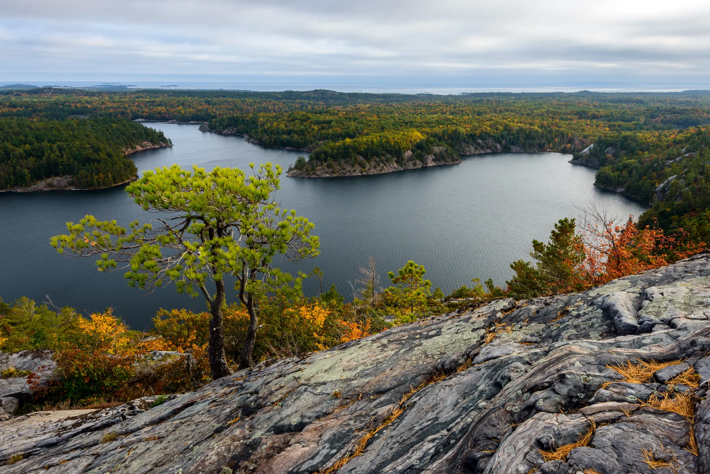 George Lake in autumn, seen from a granite ridge in Killarney Provincial Park